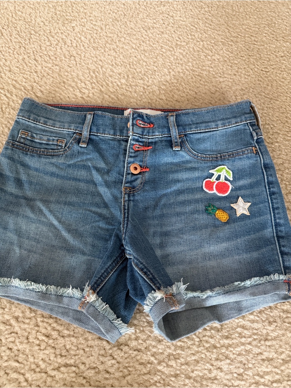 abercrombie kids light blue denim shorts with fruit patches
